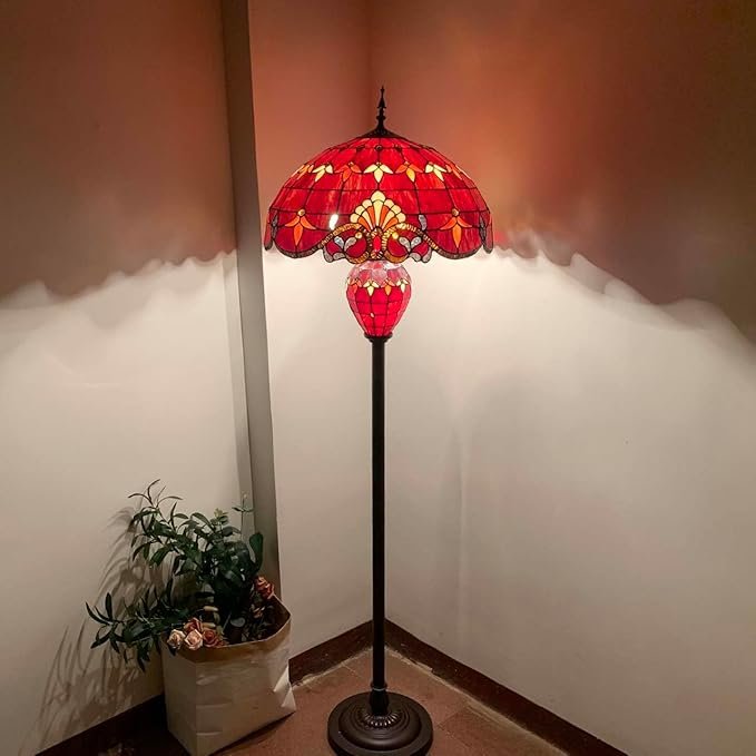Bieye L10887 Baroque Tiffany Style Stained Glass Double Lit Floor Lamp – 64" Tall, 20" Wide (Red)