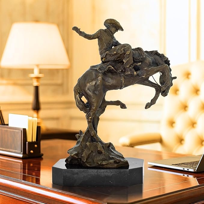 Bronze “The Bronco Buster” Sculpture by Frederic Remington – Western Cowboy Taming Wild Horse Statue (Square Base)
